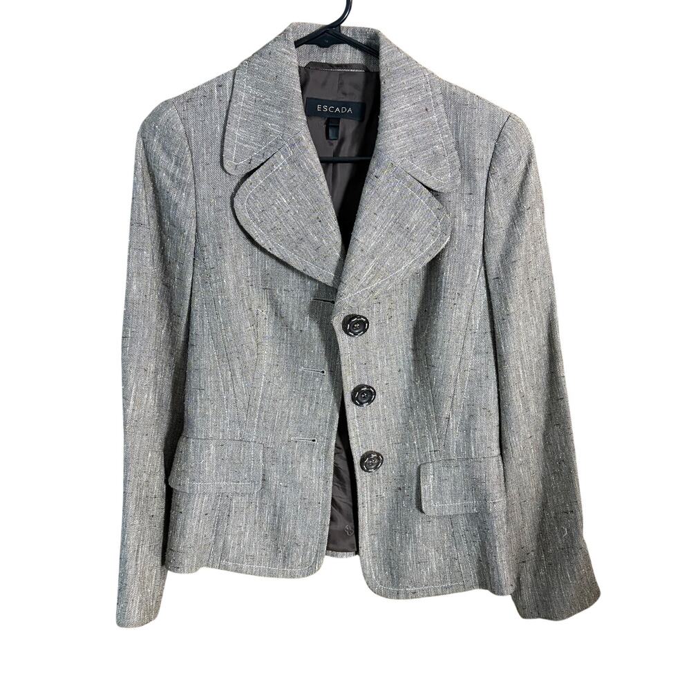 Escada Tweed Blazer Gray Wool Blend Tailored Fitted Jacket Career Chic Size 2-4